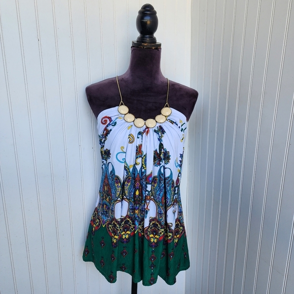 Silvers ute Halter  Jeweled Top Blouse Sleeveless Green White Paisley Chain Sz L - Picture 1 of 14